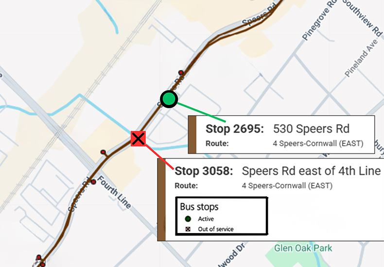 Map of out of service stop #3058 on Speers Road east of Fourth Line