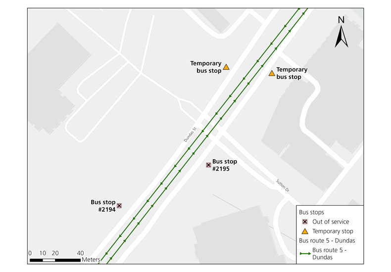 Map of bus stop #2197 temporary relocation from the south side of Dundas Street east of Appleby Line, to the temporary relocation on Dundas Street west of Appleby Line.