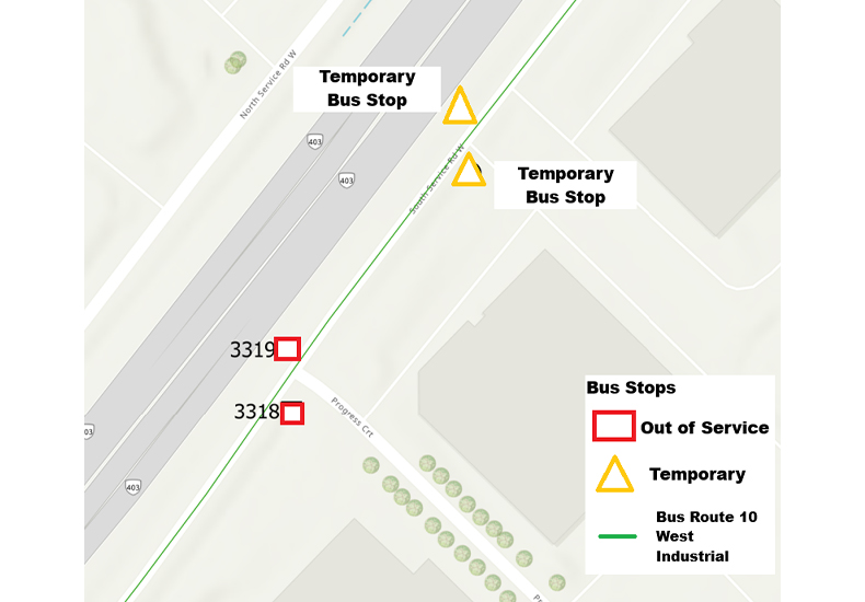 Map of the Route 10 temporary bus stop relocations for stops #3318 and #3319 further east of Progress Court, on South Service Road West. 