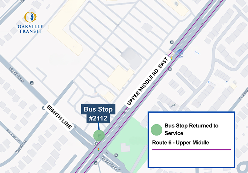Map of bus stop #2112 location on Upper Middle Road East at Eighth Line