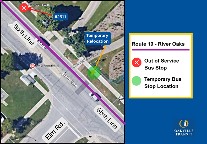 Map of temporary relocation of bus stop #2511 on Sixth Line at Elm Road, effective August 24, 2026