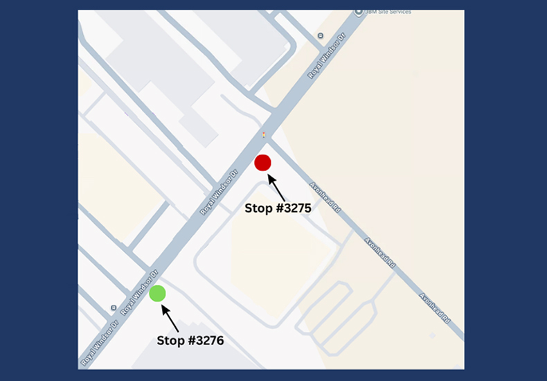 Map of out-of-service bus stop #3275 on the south-west of Royal Windsor Drive and Avonhead Road, and nearest in-service stop, #3276 located 170 metres west along Royal Windsor Drive.