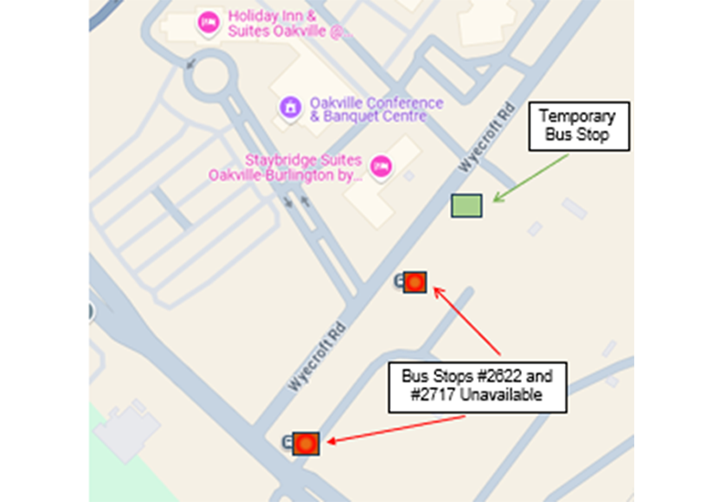 Map indicating the bus stop at Bronte and Wyecroft's usual location and it temporarily relocated spot.