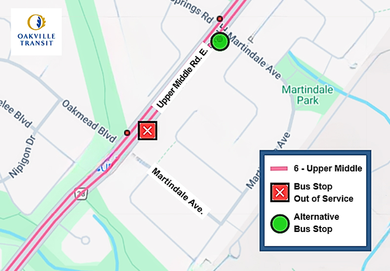 Map of bus stop 2881 at Upper Middle Road East at Martindale Avenue temporarily out of service, alternative stop one block east, effective July 10, 2026