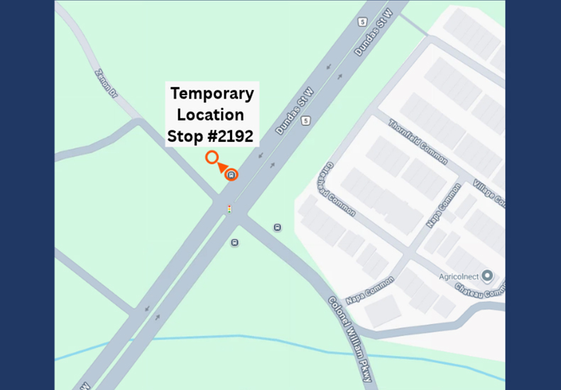 Map of bus stop #2192 temporary relocation north it's original location at the northeast corner of Dundas Street West at Zenon Drive.