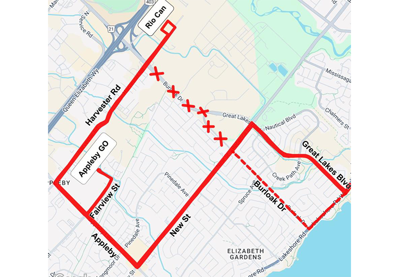 Route 14/14A Burloak closure detour map - May 2025 Route 14/14A Burloak closure detour map - May 2025