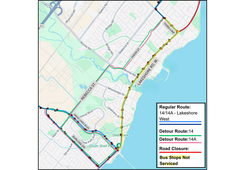 Detour Map for Route 14/14A during the October 5, 2025, Oakville Half Marathon.