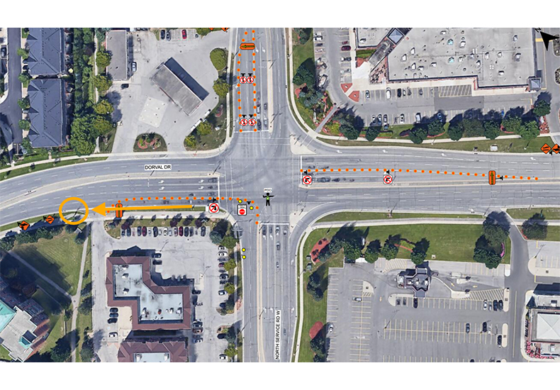 Service disruption map - Route 28 at Dorval Drive and North Service Road West - June 24-25, 2026