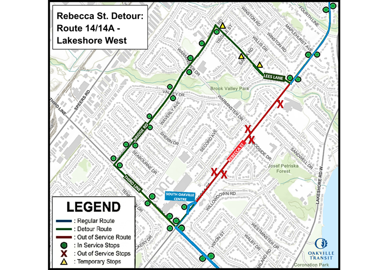 The map of a Rebecca Street Detour: June to September 2026 impacting Route 14/14A.