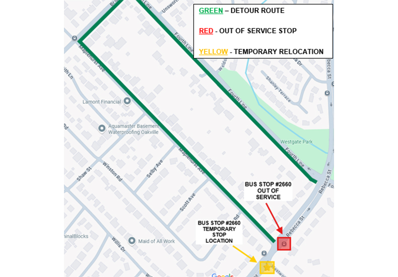 Map of the Route 14/14A detour along Fourth Line, Bridge Road and Maplehurst Avenue due to the Rebecca Street closure between Fourth Line and Maplehurst Avenue, as well as the temporary relocation of bus stop #2660 from Rebecca Street and Maplehurst Avenue to Rebecca Street and Westdale Road.