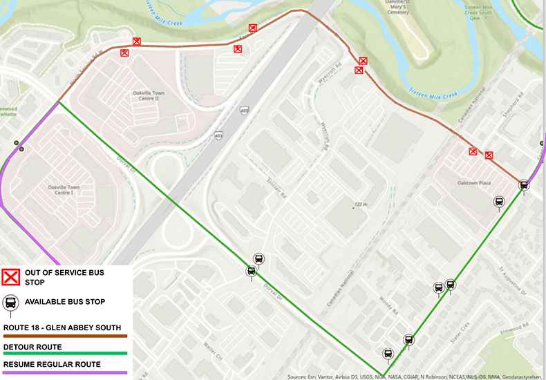 Route 18 - Glen Abbey South detour map, showing the detour route down Dorval Drive, south of South Service Road West and along Speers Road to Kerr Street.