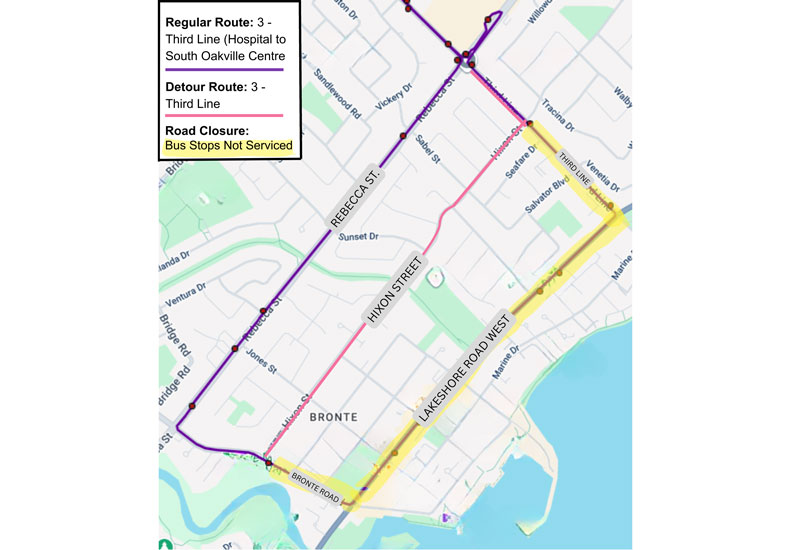 Detour Map for Route 3 during the October 5, 2025, Oakville Half Marathon.