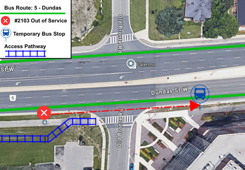 Bus stop 2103 at Dundas Street West and Old Bronte Road temporarily relocated to the southeast corner starting April 27, 2026