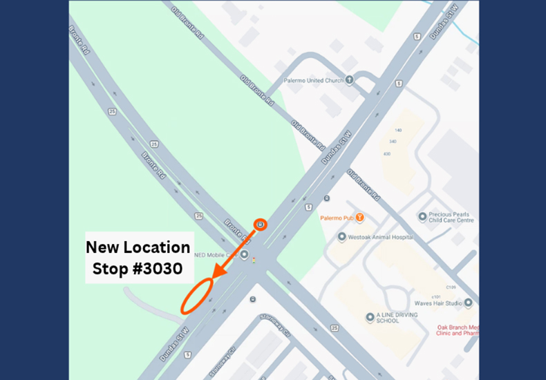 Map of permanent relocation of bus stop #3030 moved from the northeast corner of Dundas Street West and Bronte Road to the northwest corner of Dundas Street West and Bronte Road.