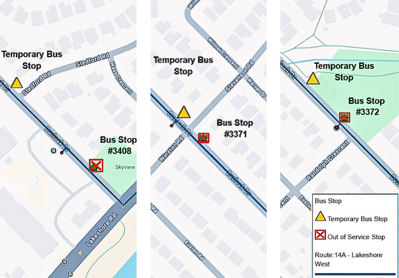 Temporary bus stop relocations of Route 14A - Stops #3408, #3371, #3382 