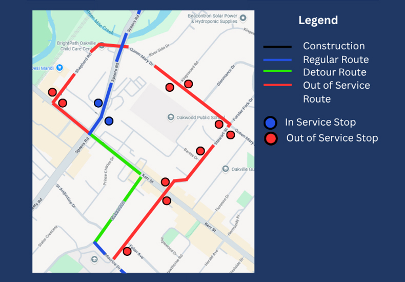 Route 15 detour map - Effective September 28, 2026. Route 15 buses will be detoured for the duration of this project and will temporarily not service bus stops along Shepherd Road, Queen Mary Drive and Stewart Street. The detour route will be along Kerr Street and Elmwood Road.