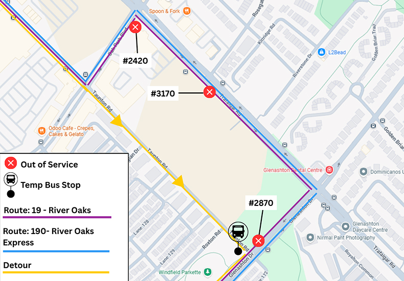 Temporary detour for Route 19 - River Oaks and Route 190 - River Oaks Express (southbound onlly) on April 30, 2026