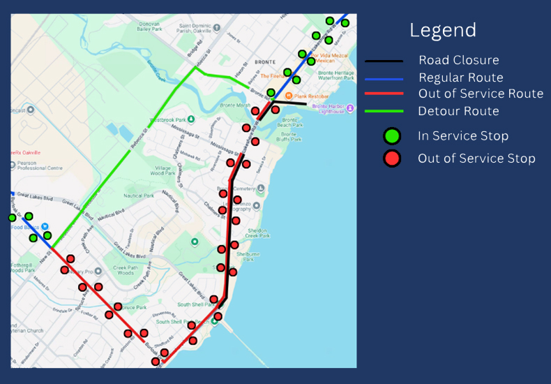Route 14A - Lakeshore West detour and out of service bus stops on October 4, 2026 for the Oakville Half Marathon