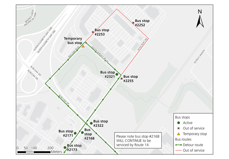 Map of Route 14/14A detour avoid Rio Can Centre closure with a temporary stop will be available on Red Oak Boulevard at South Service Road West - September 8 to October 10, 2025.
