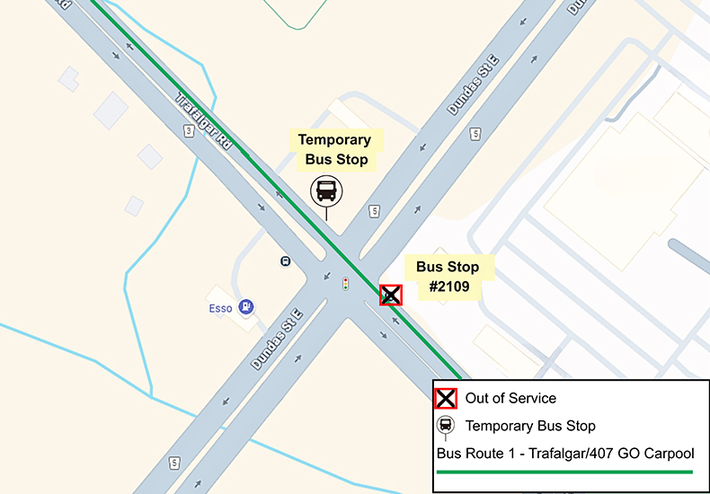 Map of temporarily relocated bus stop #2109 on Route 1, effective December 9, 2025. Stop is being temporarily relocated from Trafalgar Road, south of Dundas Street East to Trafalgar Road, north of Dundas Street East.