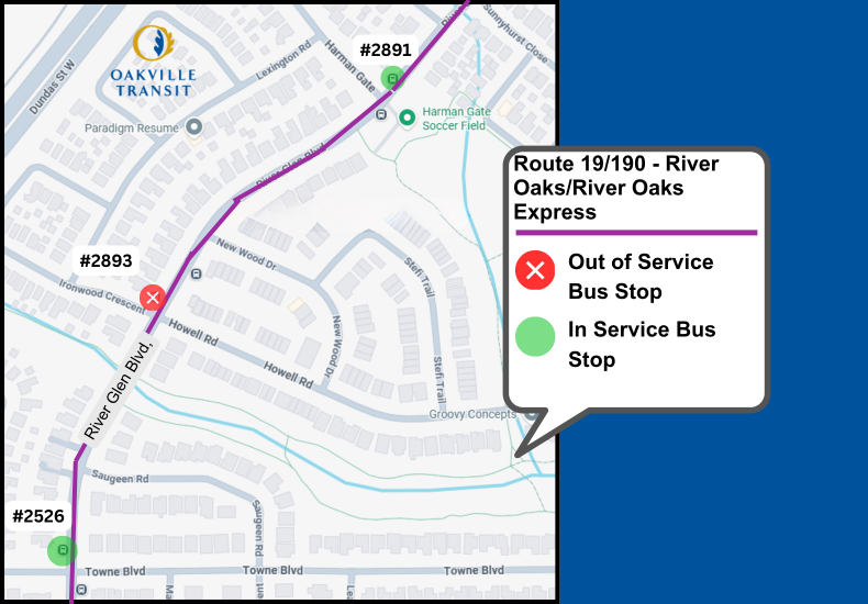 Map of out of service stop #2893 and location of alternate stops 2891, located at River Glen Boulevard and Harman Gate, or bus stop #2526, located at River Glen Boulevard and Towne Boulevard.