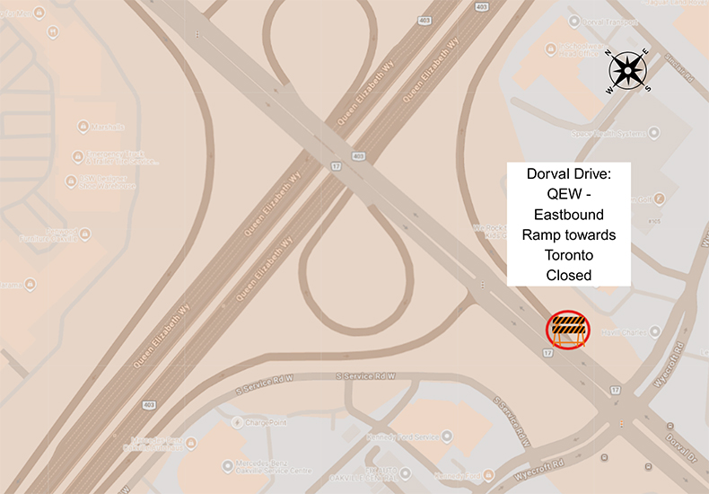 Map of Dorval Drive and QEW eastbound ramp closure (towards Toronto)