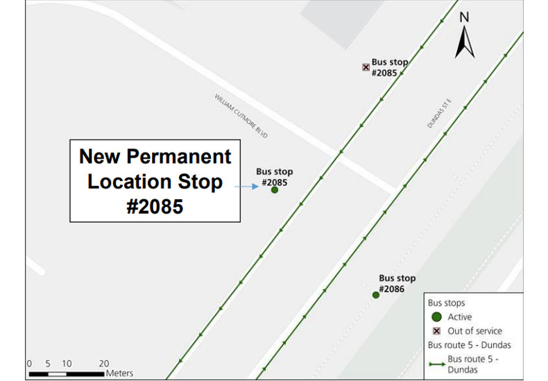 Bust stop #2085 relocation, effective September 2025.