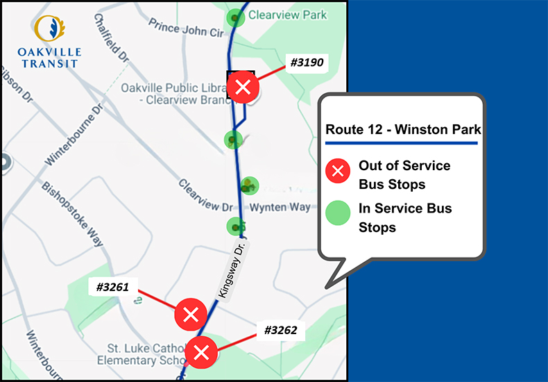 Route 12 - Winston Park: Out of service stops map