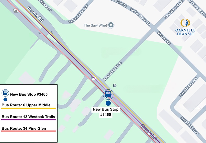 Map of new bus stop #3465 location at Bronte Road and Saw Whet Boulevard, serving bus routes 6, 13 and 34.
