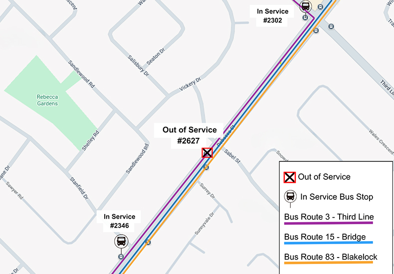Map of out-of-service stop #2627 and alternate bus stops - February 4-17, 2026