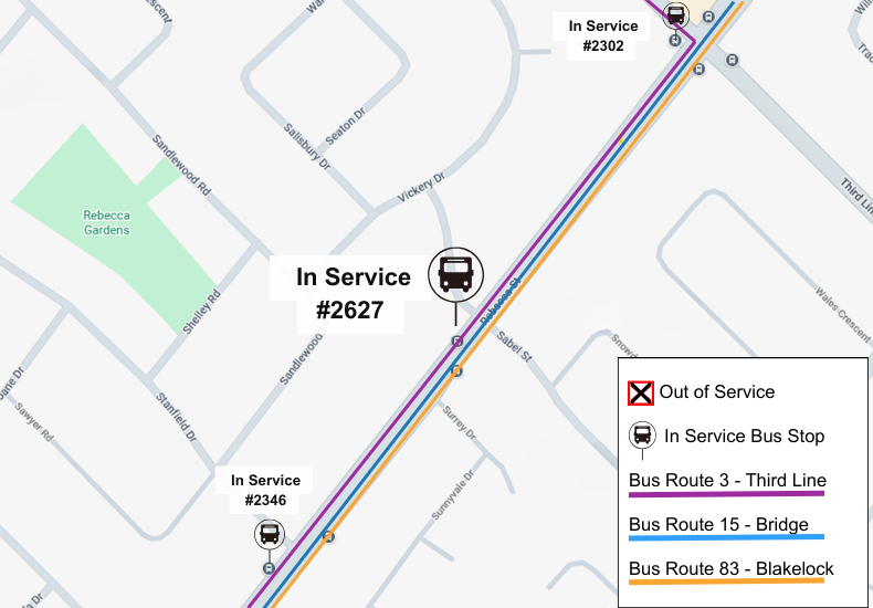 Map of out-of-service stop #2627 and alternate bus stops.