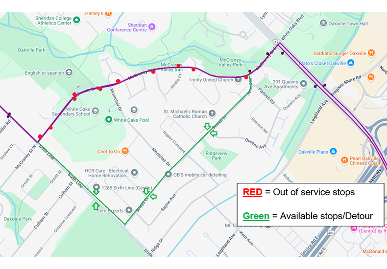 Route 19 Detour map and temporary stops - July 2 - August 29, 2025 Map showing Route 19 detour along Sixth Line and Sewell Drive (instead of on McCraney Street East).